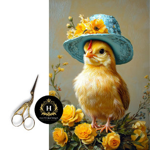 Papier Mousseline Poussin au chapeau floral bleu artisanat printanie