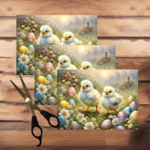 Poussins mignons dans un pré avec des œufs de Pâqu