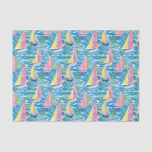 Papier Mousseline Preppy Palm Beach Imprimer Bateaux à voile rose et (Recto)