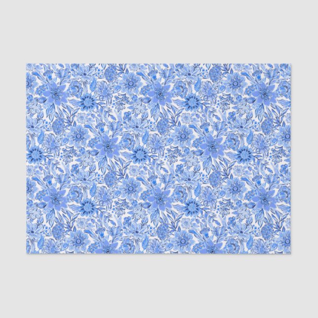 Papier Mousseline Preppy Palm Beach Imprimer Fleurs bleues et blanch (Recto)