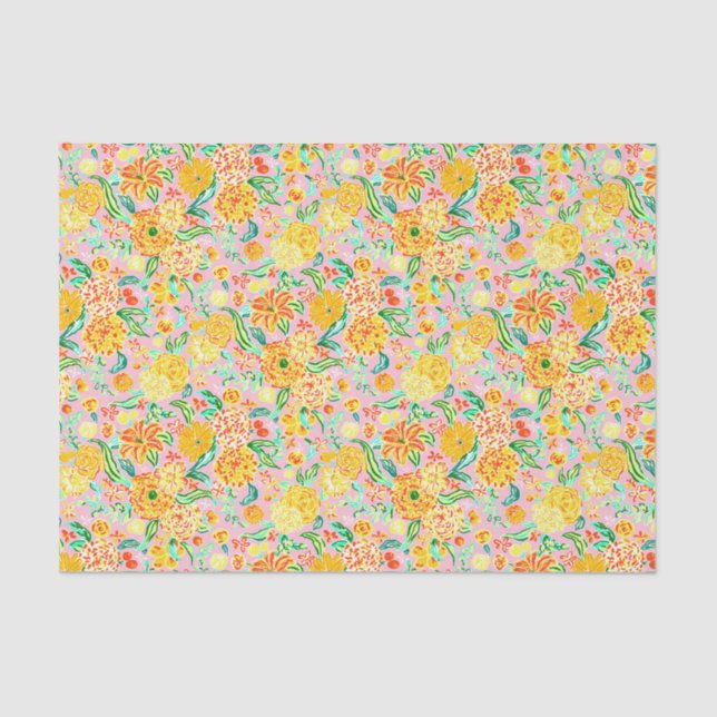 Papier Mousseline Preppy Palm Beach Imprimer Fleurs rose et jaune (Recto)