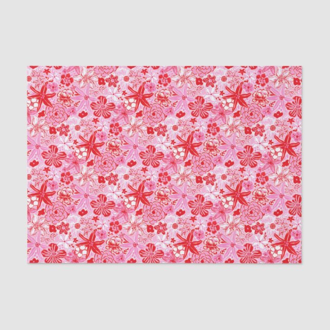 Papier Mousseline Preppy Palm Beach Imprimer rose et rouge Fleurs (Recto)