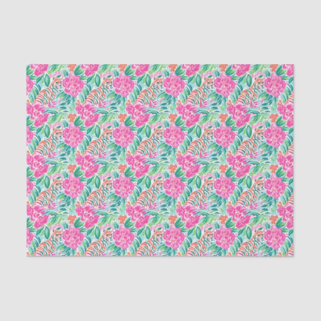 Papier Mousseline Preppy Palm Beach Imprimer Tigres rose et vert (Recto)