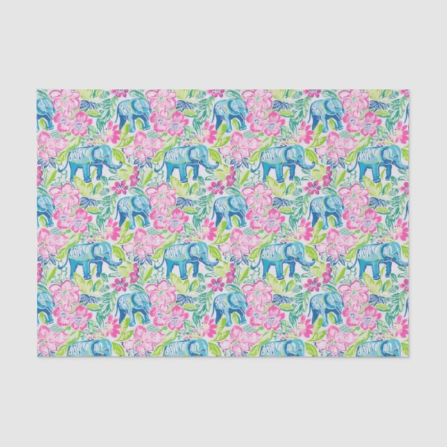 Papier Mousseline Preppy Palm Beach Print Blue and Pink Elephants (Recto)