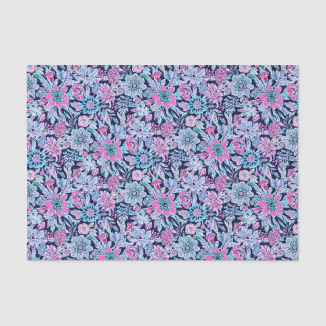 Papier Mousseline Preppy Palm Beach Print Blue and rose Flowers (Recto)