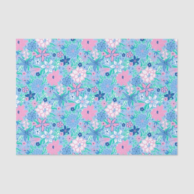 Papier Mousseline Preppy Palm Beach Print Blue and rose Flowers (Recto)