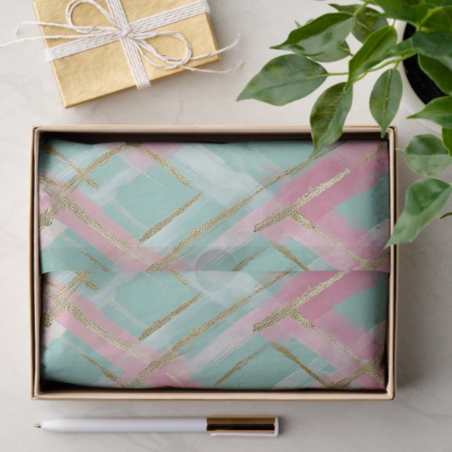 Papier Mousseline Preppy Pink Mint Gold Glitter Argyle Pattern (Cadeau)