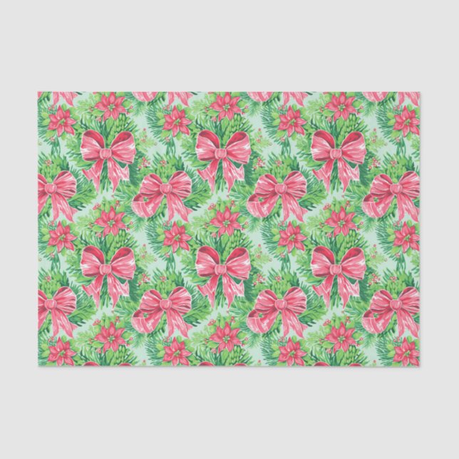 Papier Mousseline Préppy rouge et vert Noël Poinsettias et vaches (Recto)