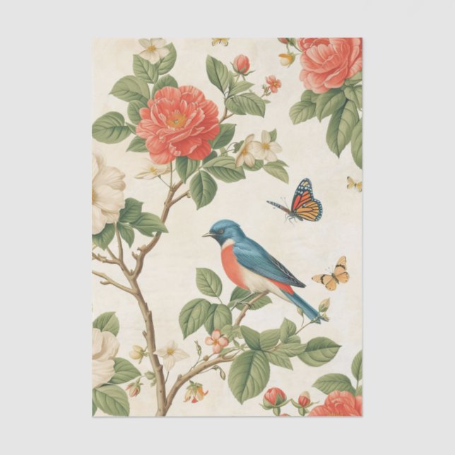 Papier Mousseline Pretty Bird and Butterflies with Peony Branches (Recto)