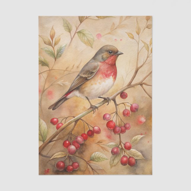 Papier Mousseline Pretty Bird Perched on a Branch with Red Berries (Recto)