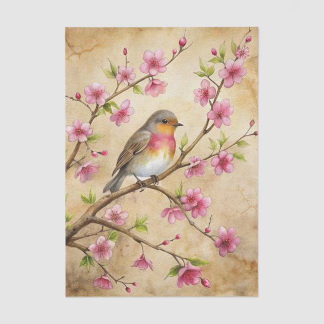 Papier Mousseline Pretty Bird Perched on Pink Floral Branch (Recto)