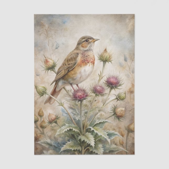 Papier Mousseline Pretty Bird Perched on Purple Thistle Flowers (Recto)