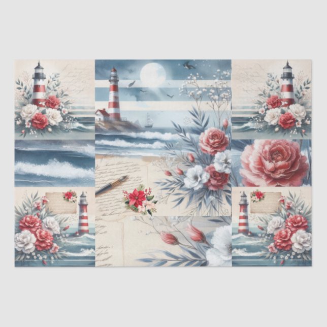 Papier Mousseline Pretty Coastal Christmas Lighthouse Collage  (Recto)