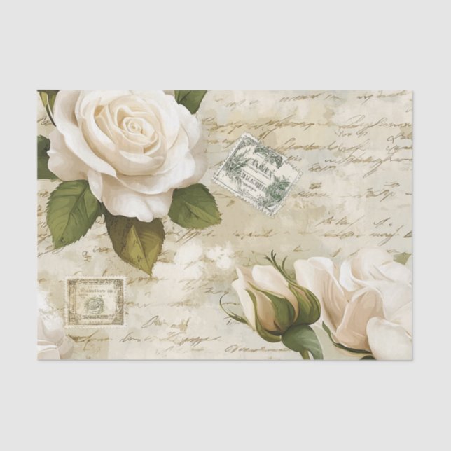Papier Mousseline Pretty Ivory Roses with Simulated Text and Stamps (Recto)