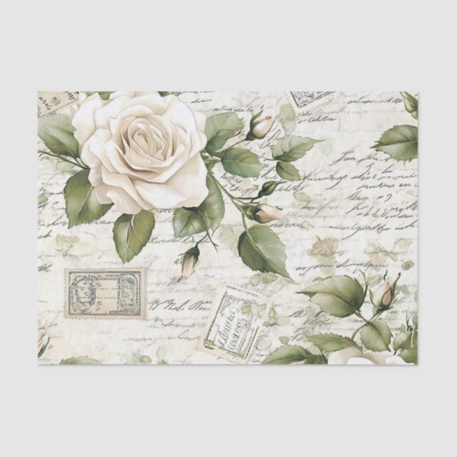 Papier Mousseline Pretty Ivory Roses with Simulated Text and Stamps (Recto)