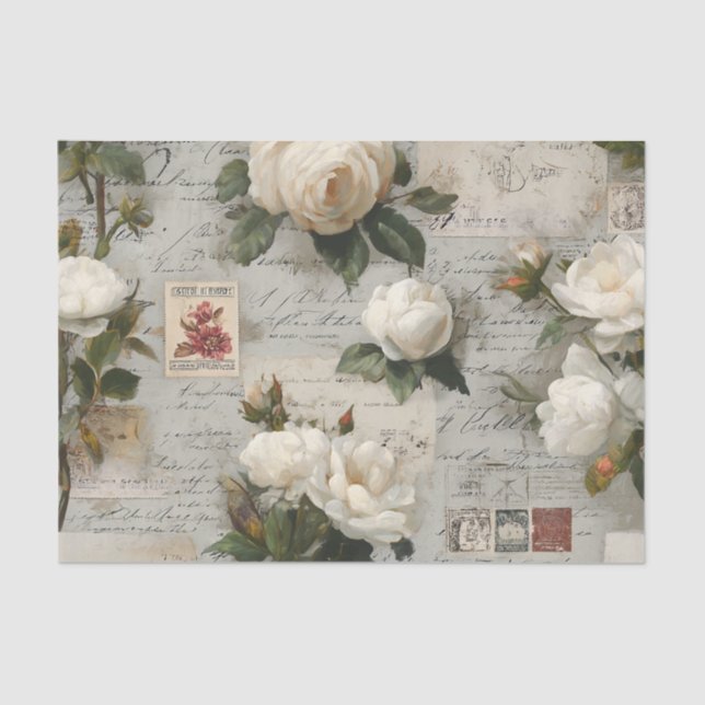 Papier Mousseline Pretty Ivory Roses with Simulated Text and Stamps (Recto)