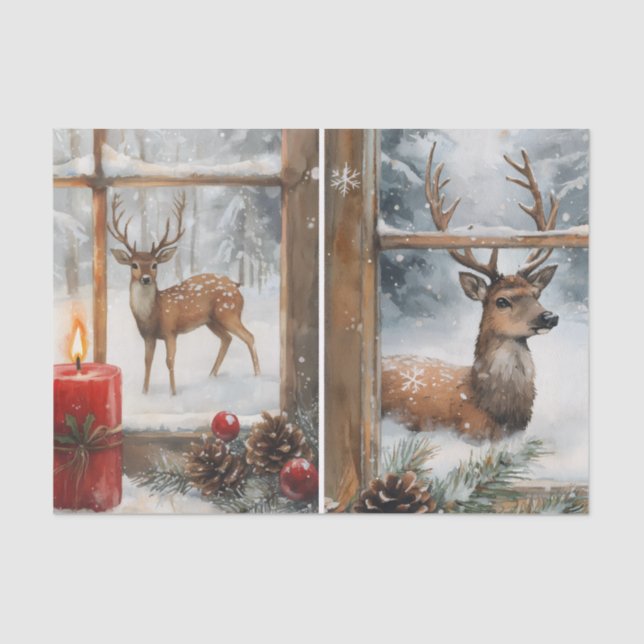 Papier Mousseline Pretty Pair of Deer in Window Panes in Winter (Recto)