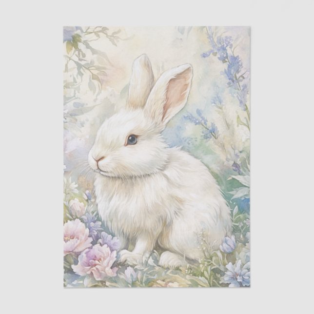 Papier Mousseline Pretty White Bunny Sitting in Patch of Wildflowers (Recto)