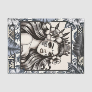 Papier Mousseline Princesse Polynésienne Fleurs Bleues Tribal