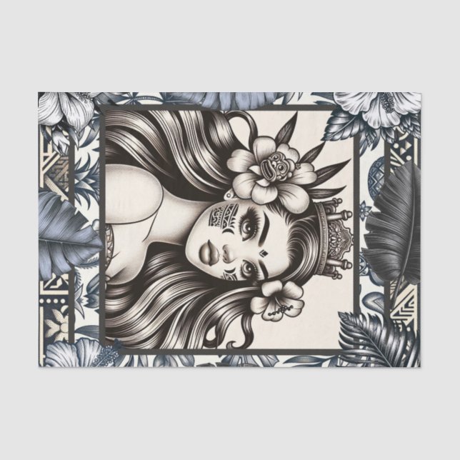 Papier Mousseline Princesse Polynésienne Fleurs Bleues Tribal (Recto)