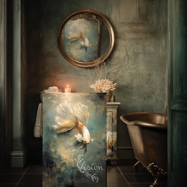 Papier Mousseline Profonde Grâce Poisson Betta Doré Teal Art à l'hui (Large art print leaning against distressed vanity moody bathroom copper clawfoot bath)