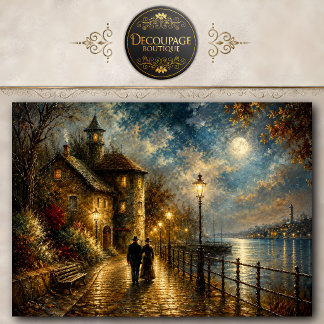 Papier Mousseline Promenade au bord du port au phare sous la lune Dé