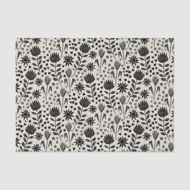 Papier Mousseline Protea Floral Block Print Millefleur noir lin (Recto)