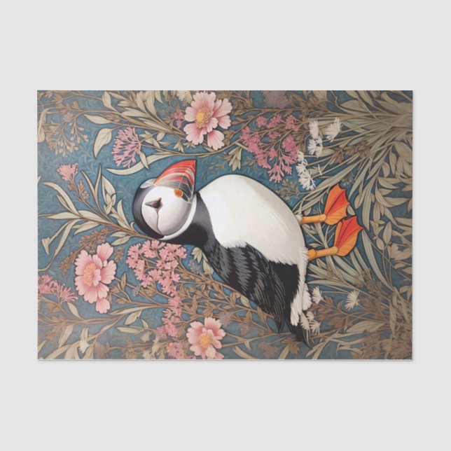 Papier Mousseline Puffin Et Fleurs Éthridées De Mer William Morris (Recto)
