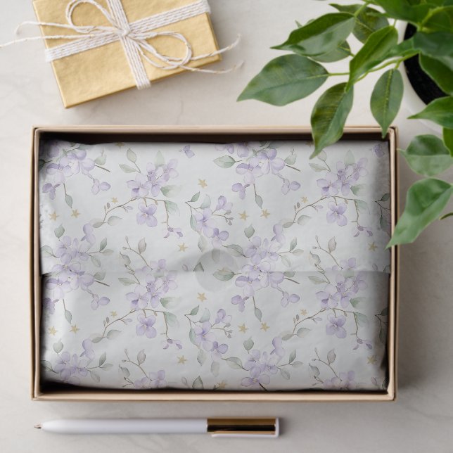Papier Mousseline Purple Flowers Gold Stars Moons Birthday (Cadeau)