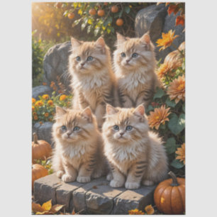 Papier Mousseline Quatre chatons d'automne en feuillu avec Citrouill