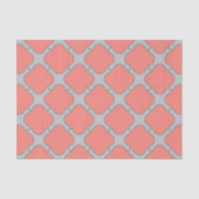 Papier Mousseline Quatrefoil corail et gris (Recto)