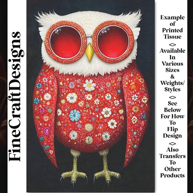 Papier Mousseline Quirky Whimsy Red Floral Owl & Specs BT7 Decoupage (Créateur téléchargé)