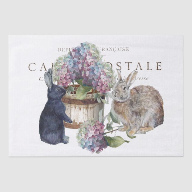 Papier Mousseline Rabbit Hydrangea Flower Bucket French Decoupage (Recto)