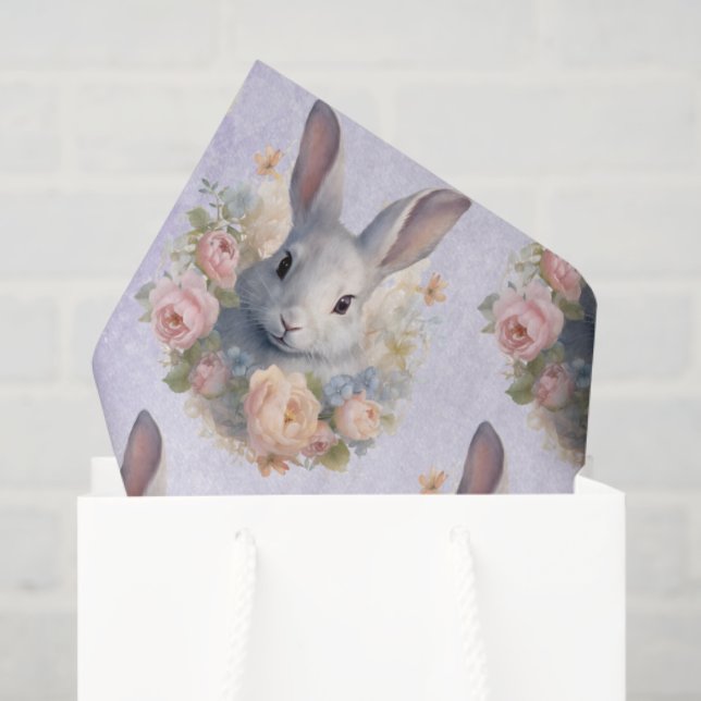 Papier Mousseline Rabbit Surrounded by Pastel Flowers Cute Pattern (Sac cadeau)