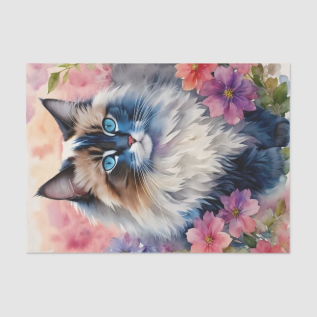 Papier Mousseline Ragdoll Chat Portrait Floral (Recto)