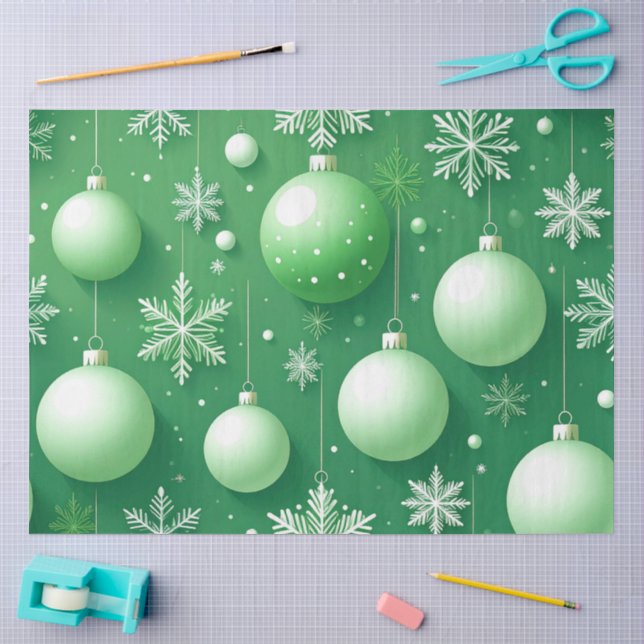 Papier Mousseline Rameaux verts et flocons de neige (Artisanat)