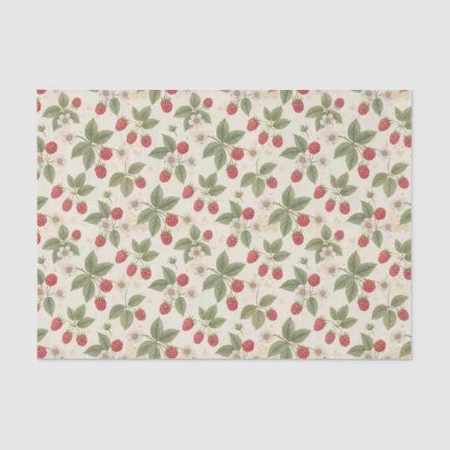 Papier Mousseline Raspberry Fruit Bunches with Leaves and Blossom  (Recto)