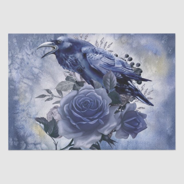 Papier Mousseline Raven Bird Blue Rose Whimsical Decoupage (Recto)