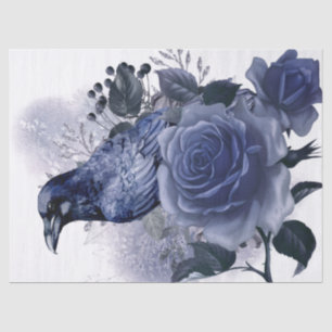 Papier Mousseline Raven Bird Blue Rose Whimsical Decoupage