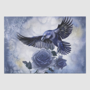 Papier Mousseline Raven Bird Blue Rose Whimsical Decoupage