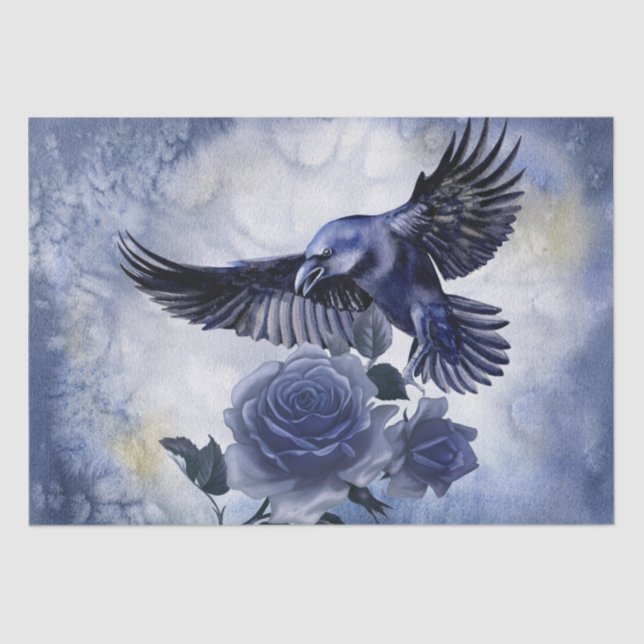 Papier Mousseline Raven Bird Blue Rose Whimsical Decoupage (Recto)