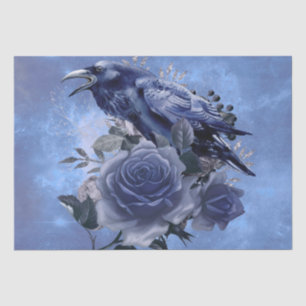 Papier Mousseline Raven Bird Blue Rose Whimsical Decoupage