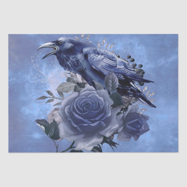 Papier Mousseline Raven Bird Blue Rose Whimsical Decoupage (Recto)