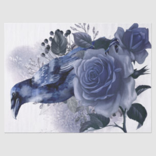 Papier Mousseline Raven Bird Blue Rose Whimsical Decoupage