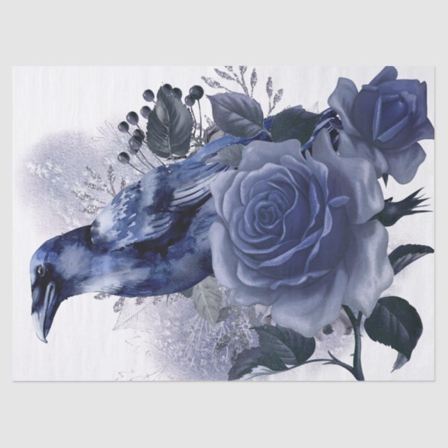 Papier Mousseline Raven Bird Blue Rose Whimsical Decoupage (Recto)