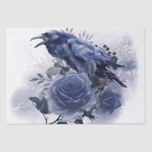 Papier Mousseline Raven Bird Blue Rose Whimsical Decoupage