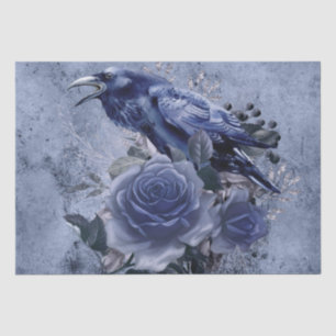 Papier Mousseline Raven Bird Blue Rose Whimsical Decoupage