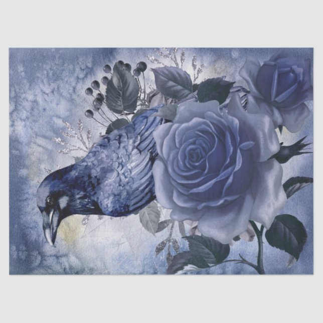 Papier Mousseline Raven Bird Blue Rose Whimsical Decoupage (Recto)
