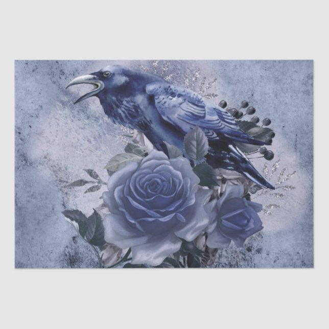 Papier Mousseline Raven Bird Blue Rose Whimsical Decoupage (Recto)