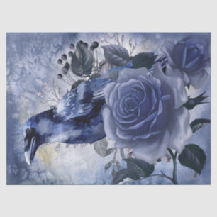 Papier Mousseline Raven Bird Blue Rose Whimsical Decoupage